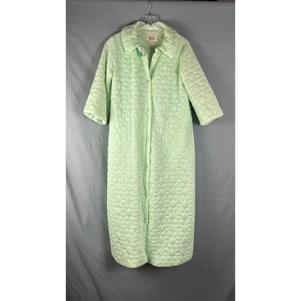 Vintage Miss Elaine Quilted Housecoat Robe Womens Large Mint Green Button Front